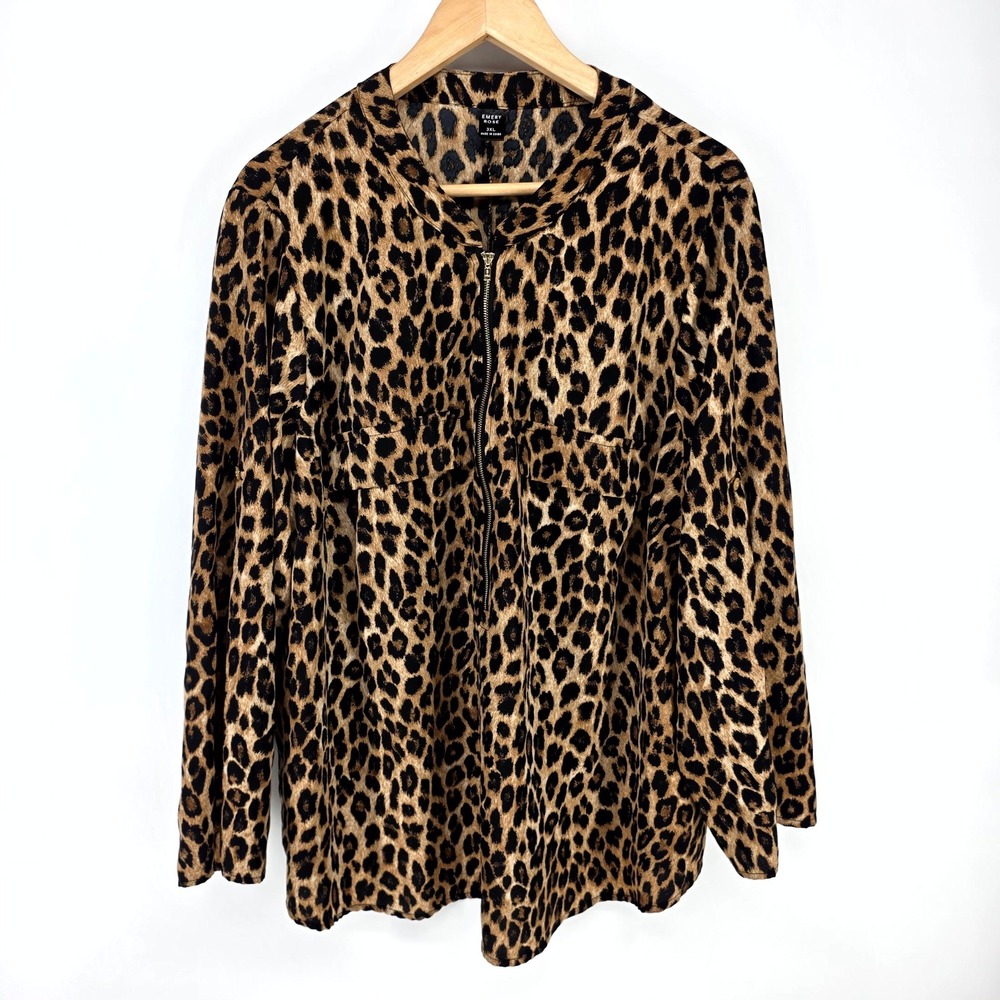 Emery Rose Blouse Womens 3XL Brown Leopard Print Zip Front Band Collar Top